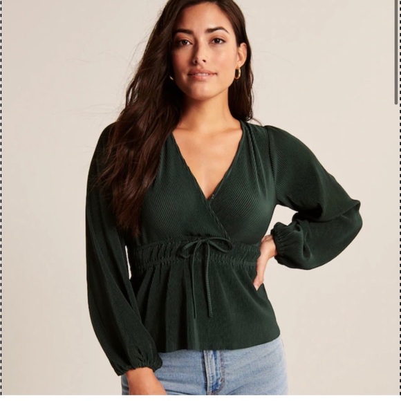 Abercrombie & Fitch plisse pleat v neck blouse elastic waist tie peplum black m - Picture 11 of 13